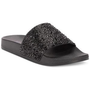 INC Womens Peymin  Black Rhinestone Slip On Flats Pool Slides Shoes NWT